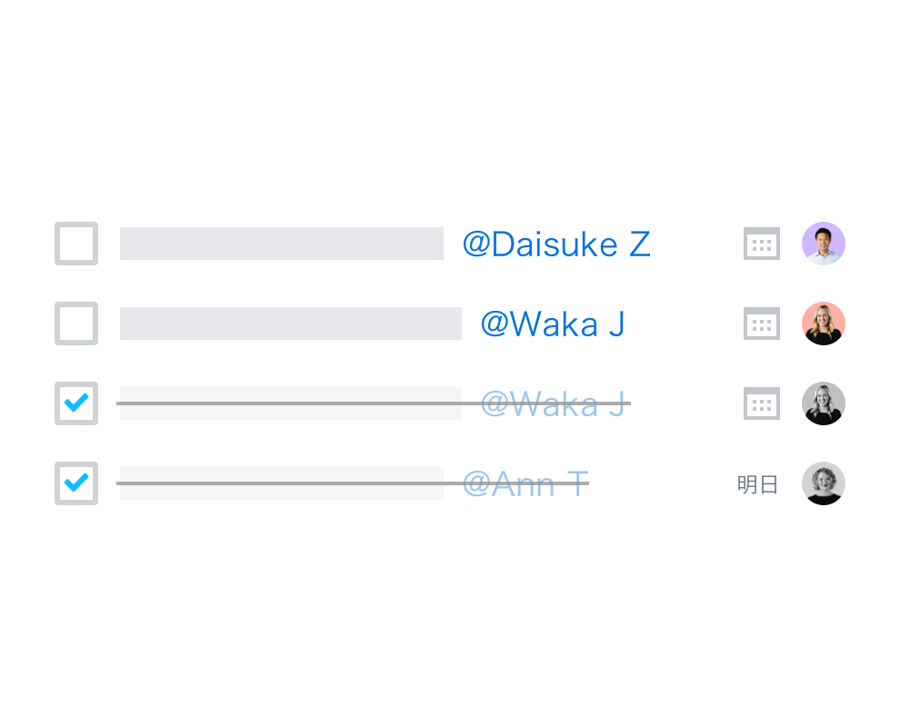 締め切りや担当者が設定されたデジタル To-do リスト。2 件のタスクが完了済みとしてマークされている。