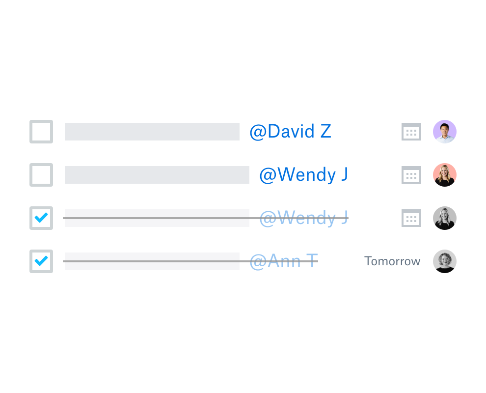 A digital to-do list with assigned due dates and owners. Two of the to-dos have been marked as complete
