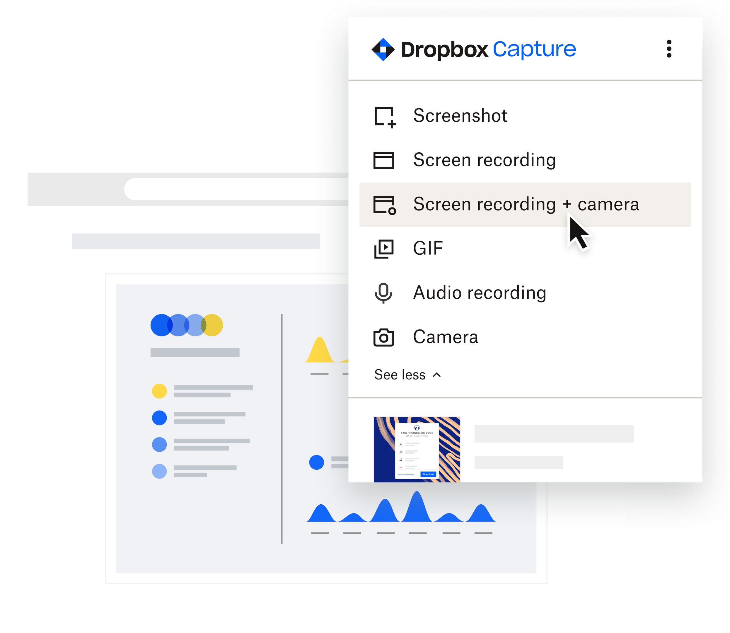 A visual representation of the Dropbox Capture desktop app, demonstrating how to record your screen and video from your camera simultaneously.