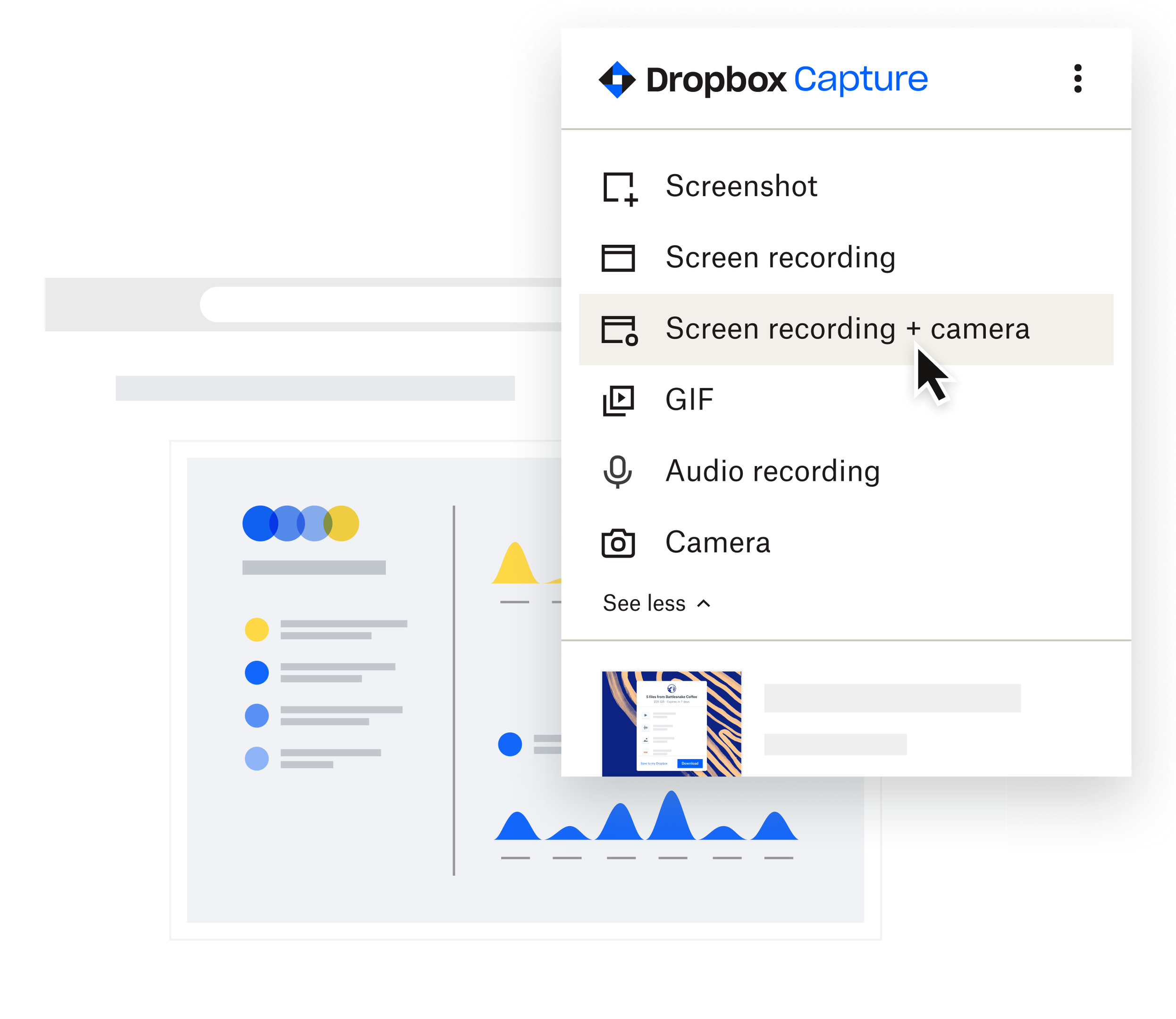 Een visuele weergave van de Dropbox Capture desktop-app, waarin wordt gedemonstreerd hoe je tegelijkertijd je scherm en video van je camera kunt opnemen.