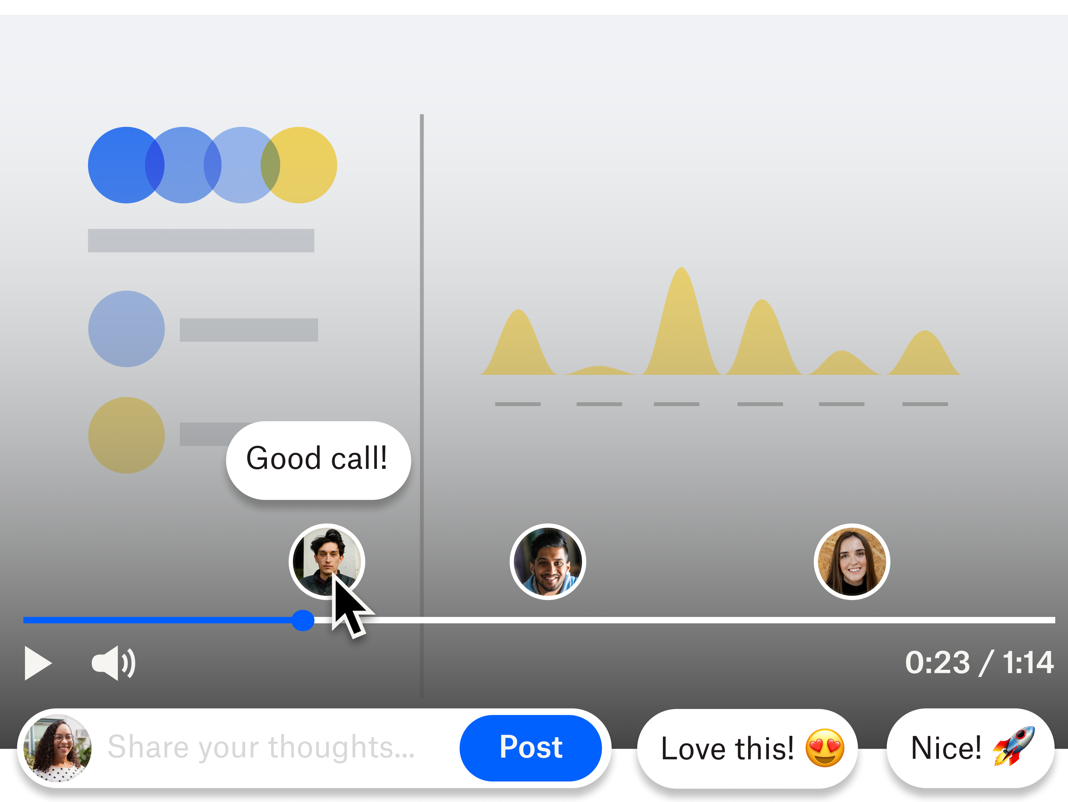 A visual representation of the video playback experience in Dropbox Capture, with timed comments and reactions from Dropbox users.