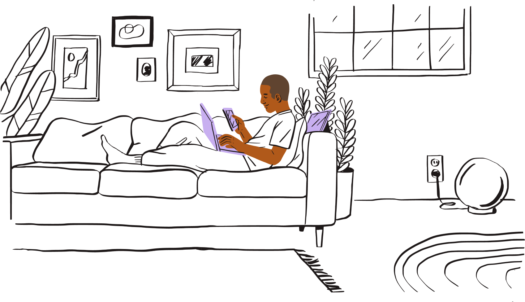 An illustration of a person sat on a sofa with multiple devices looking reassured.