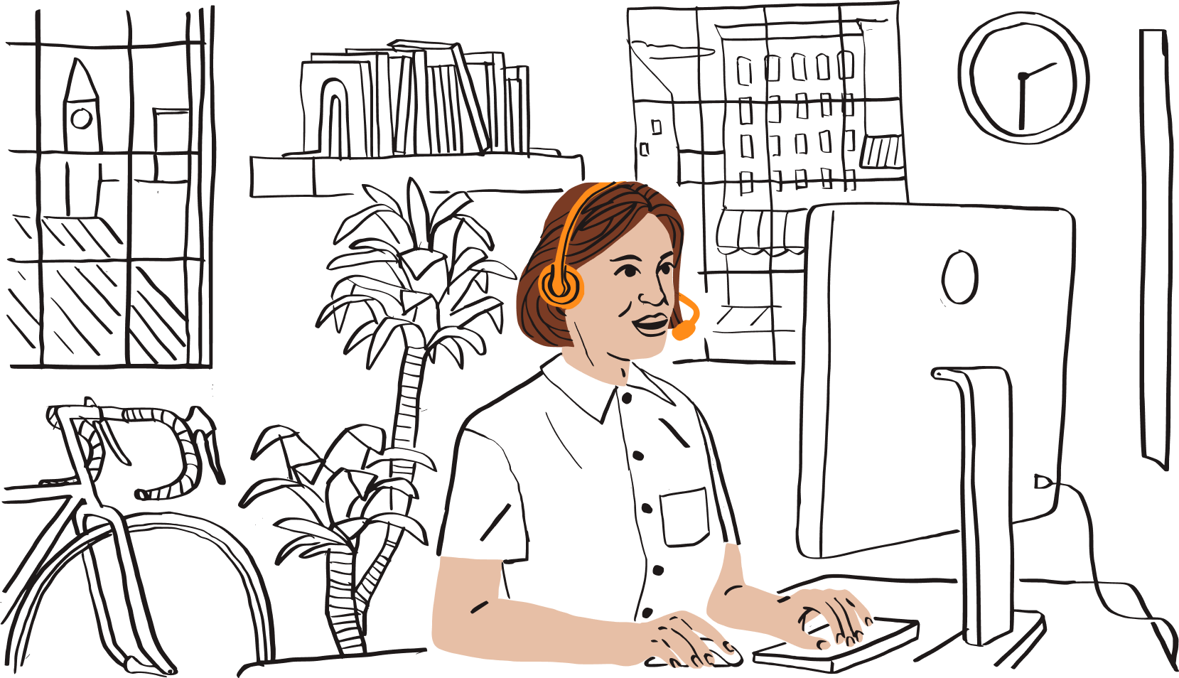 An illustration of a person recording a video voiceover while sat at a computer.