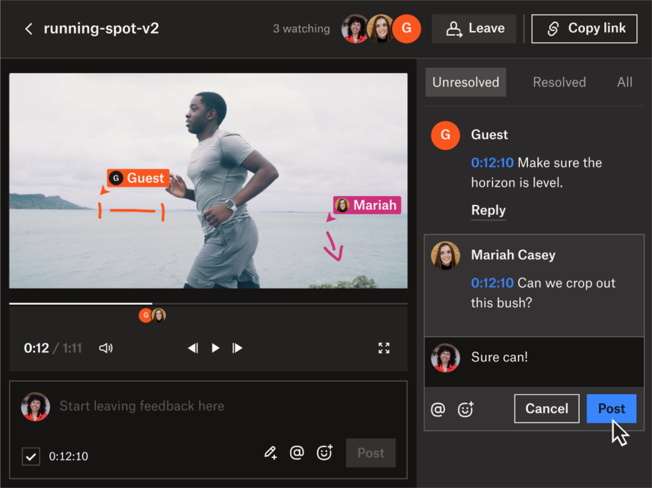 Una representación visual de la función &quot;revisión en directo&quot; de Dropbox Replay, una herramienta para hacer comentarios en vídeos.
