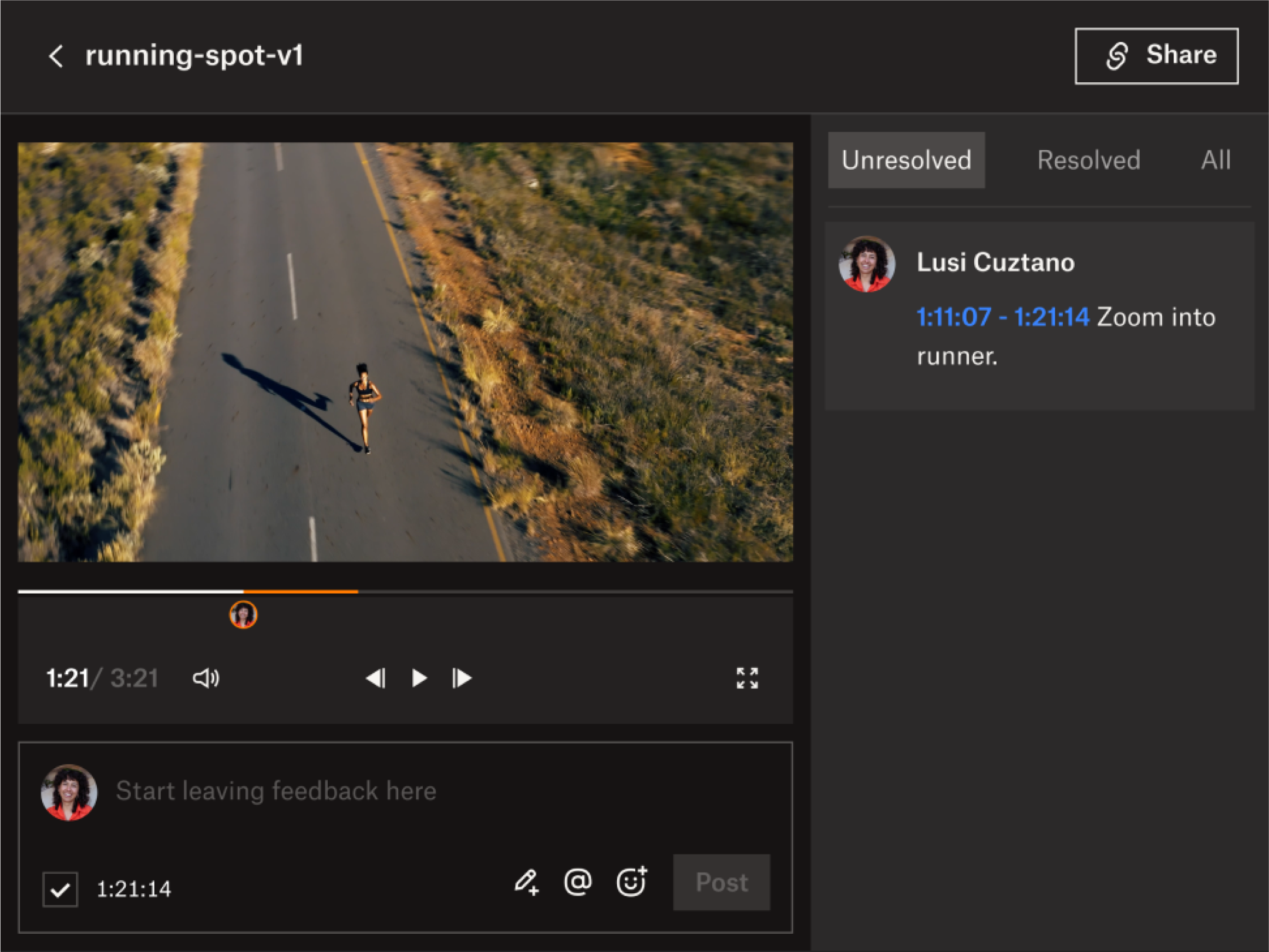 Una representación visual de las capacidades de comentarios específicos en una marca de tiempo de Dropbox Replay, una herramienta de comentarios en video.