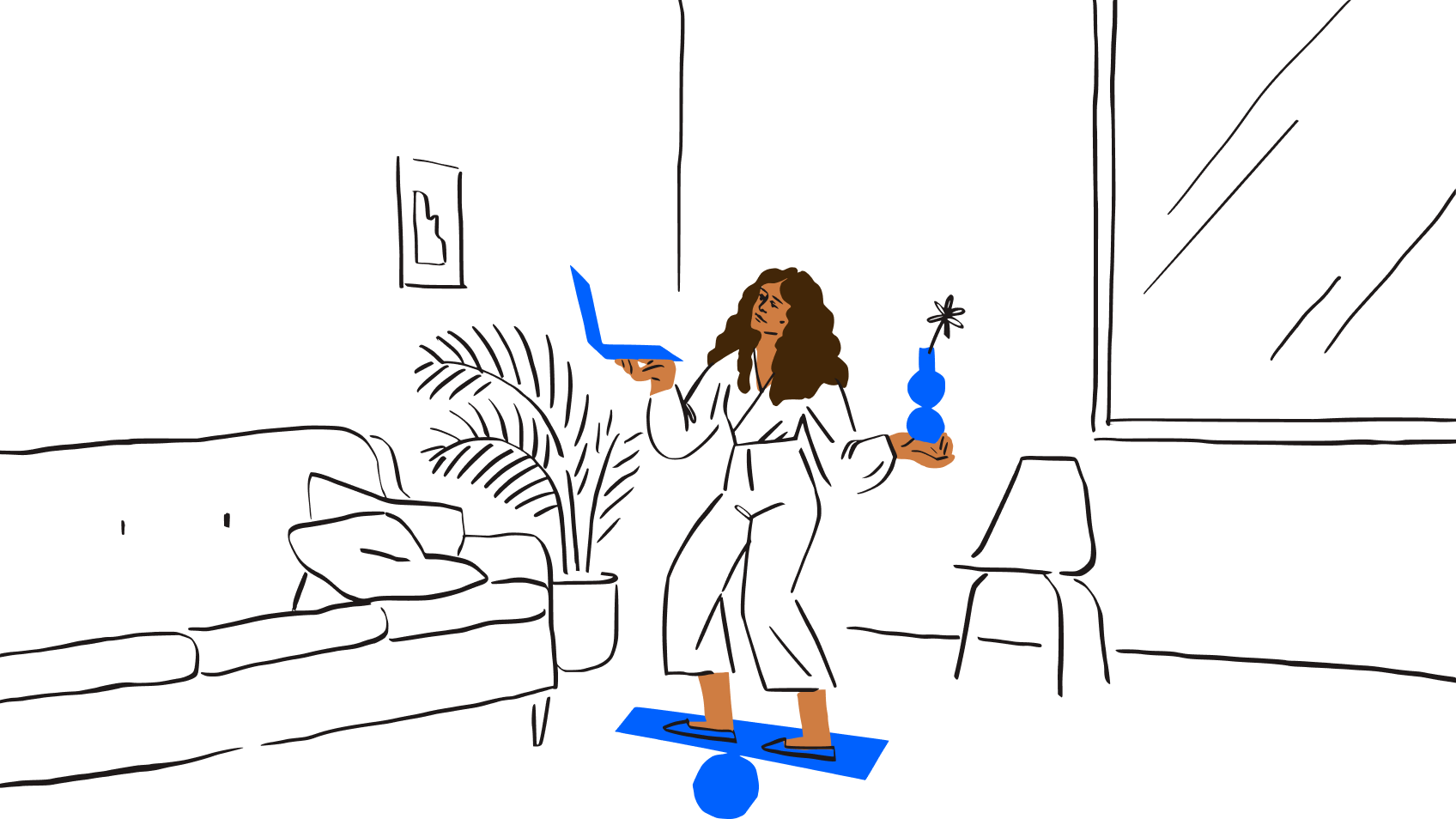 An illustration of a person holding a laptop and houseplant while standing on a balance board, representing the challenges of multitasking.
