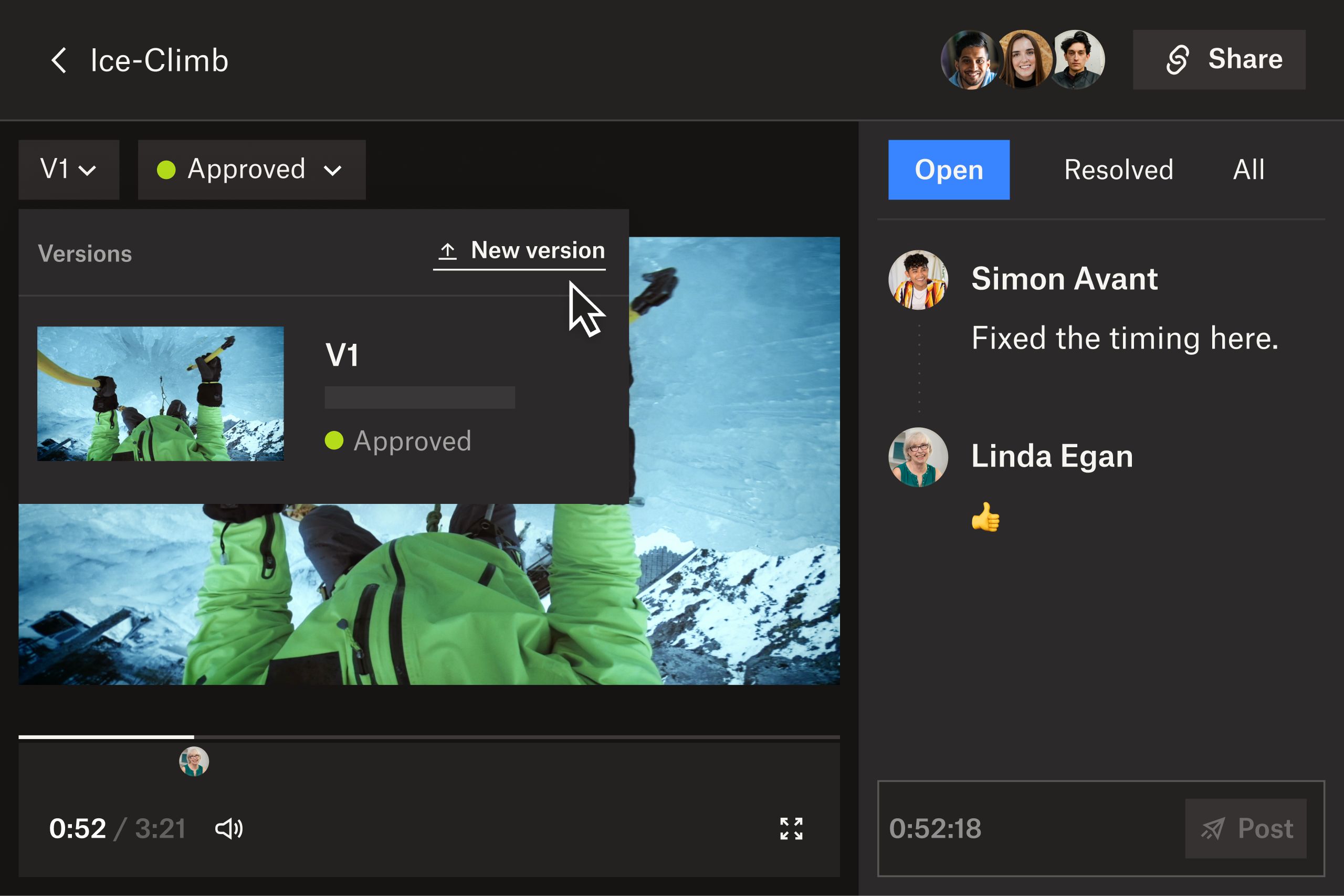 Wizualne przedstawienie możliwości kontroli wersji w Dropbox Replay, narzędziu do zbierania opinii o filmach.