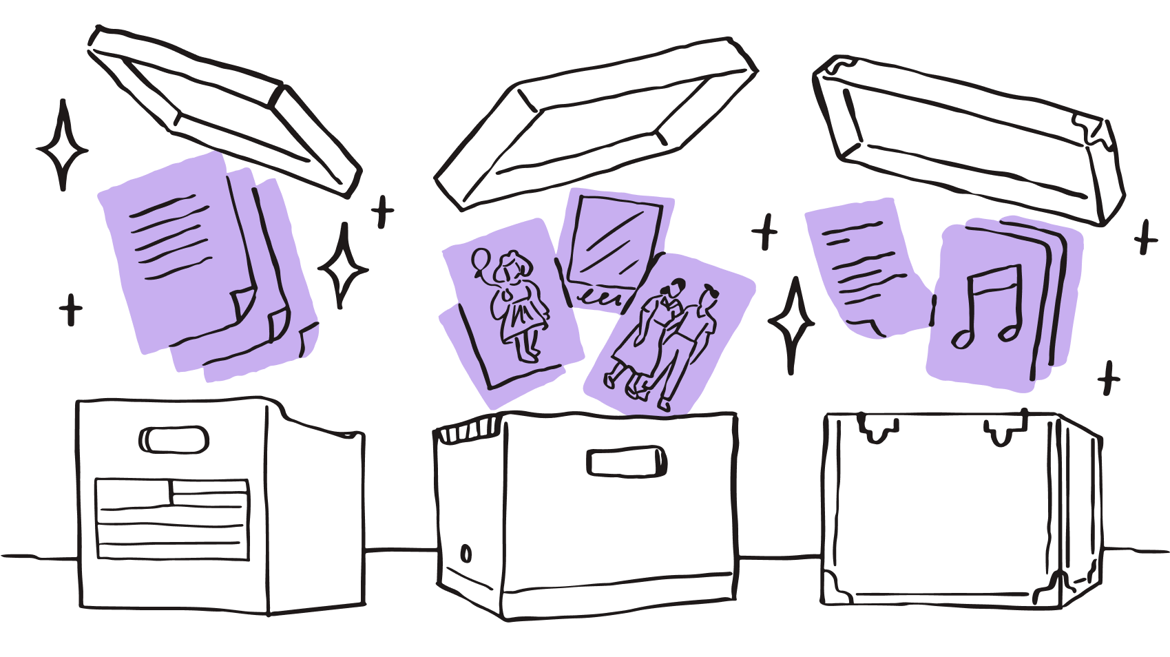 Ilustración en la que aparece una serie de elementos multimedia que se interpretan y se agrupan automáticamente con las herramientas de Dropbox impulsadas por la IA.