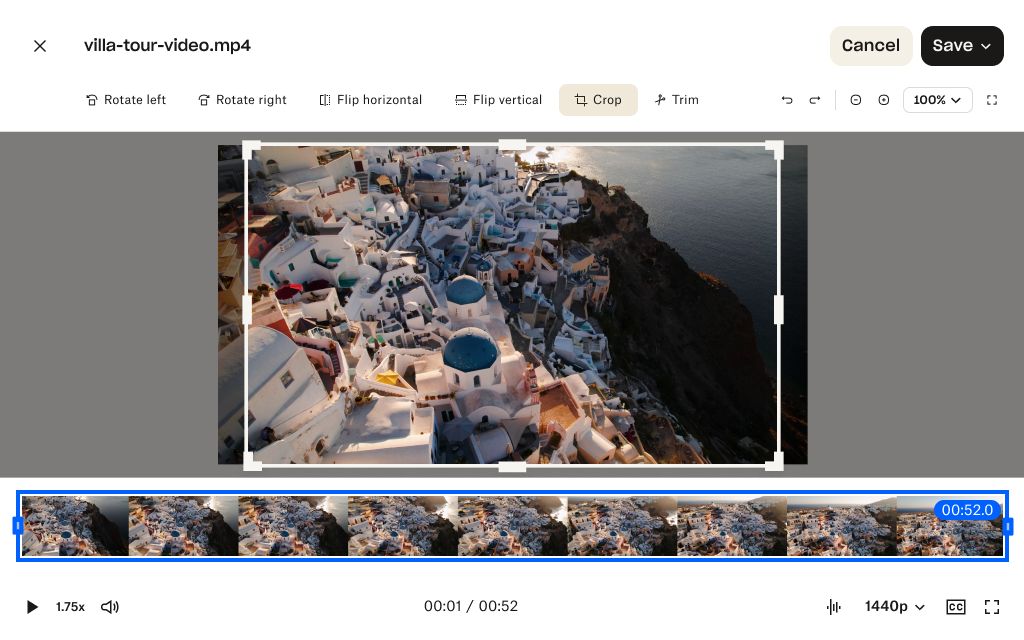 Representación visual de cómo funciona la herramienta &quot;Recortar&quot; en el editor de vídeo en línea de Dropbox.