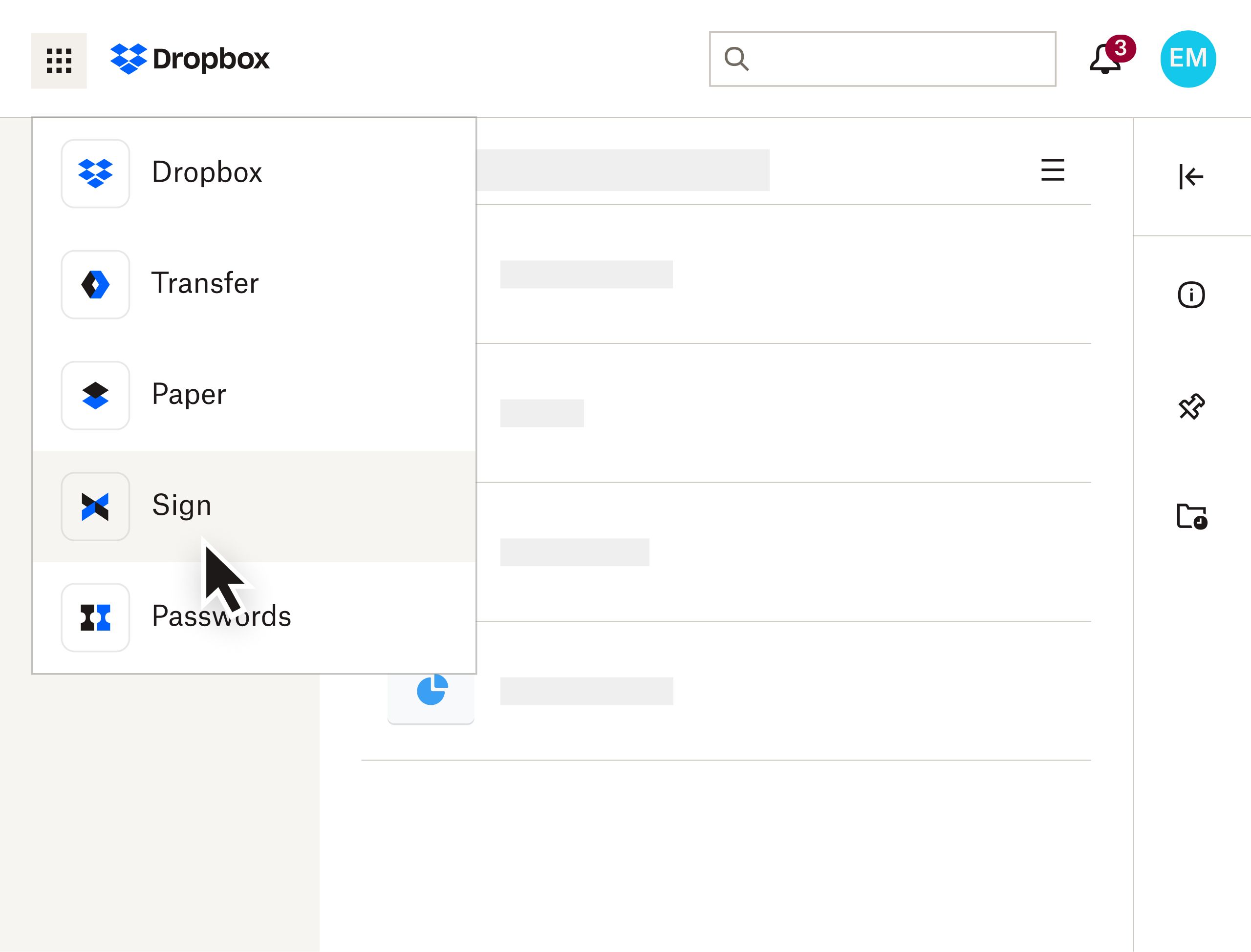 The Dropbox interface with a user selecting Sign from a product dropdown menu