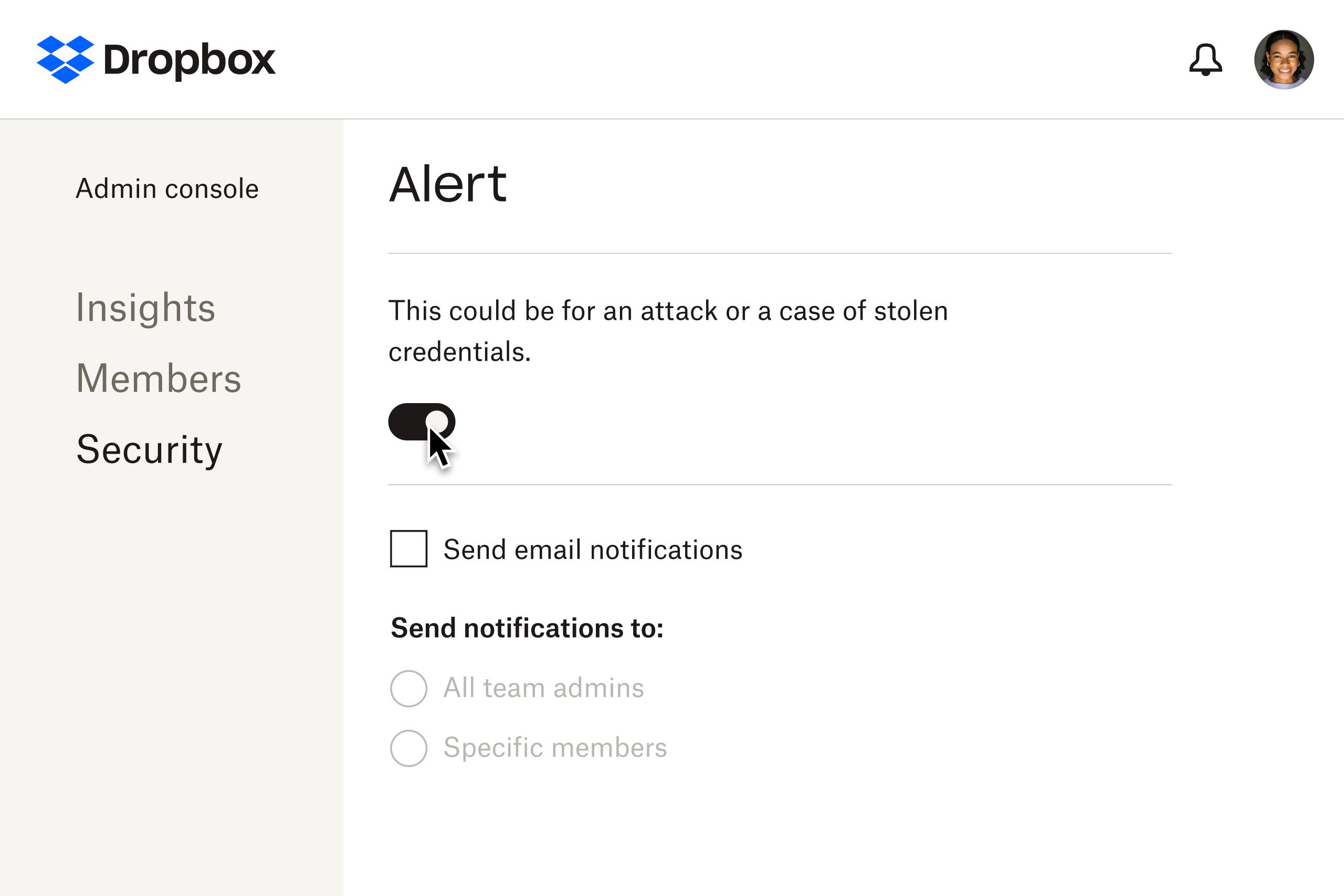 A visual example of the alert settings available to admins in the event of a potential security breach.