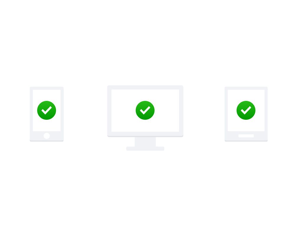 A mobile phone, desktop monitor and tablet icon with green ticks