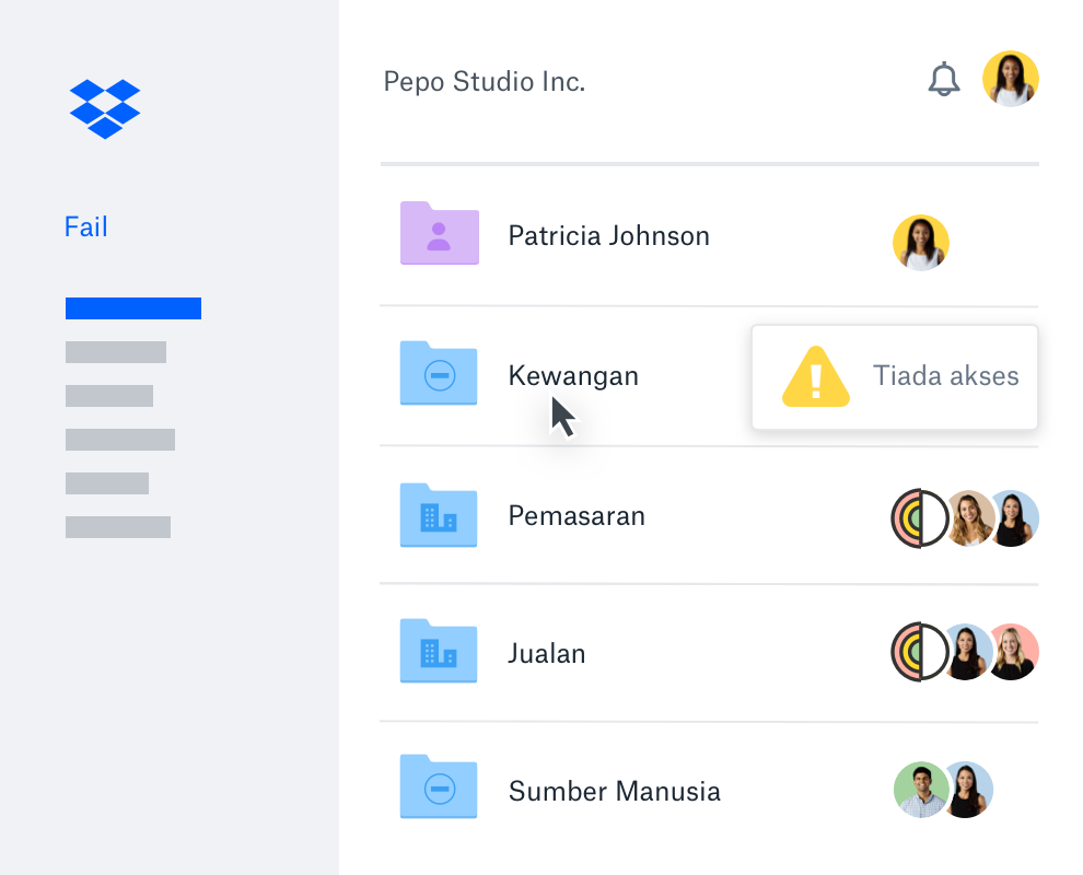 Pengguna menetapkan tahap akses untuk folder tertentu