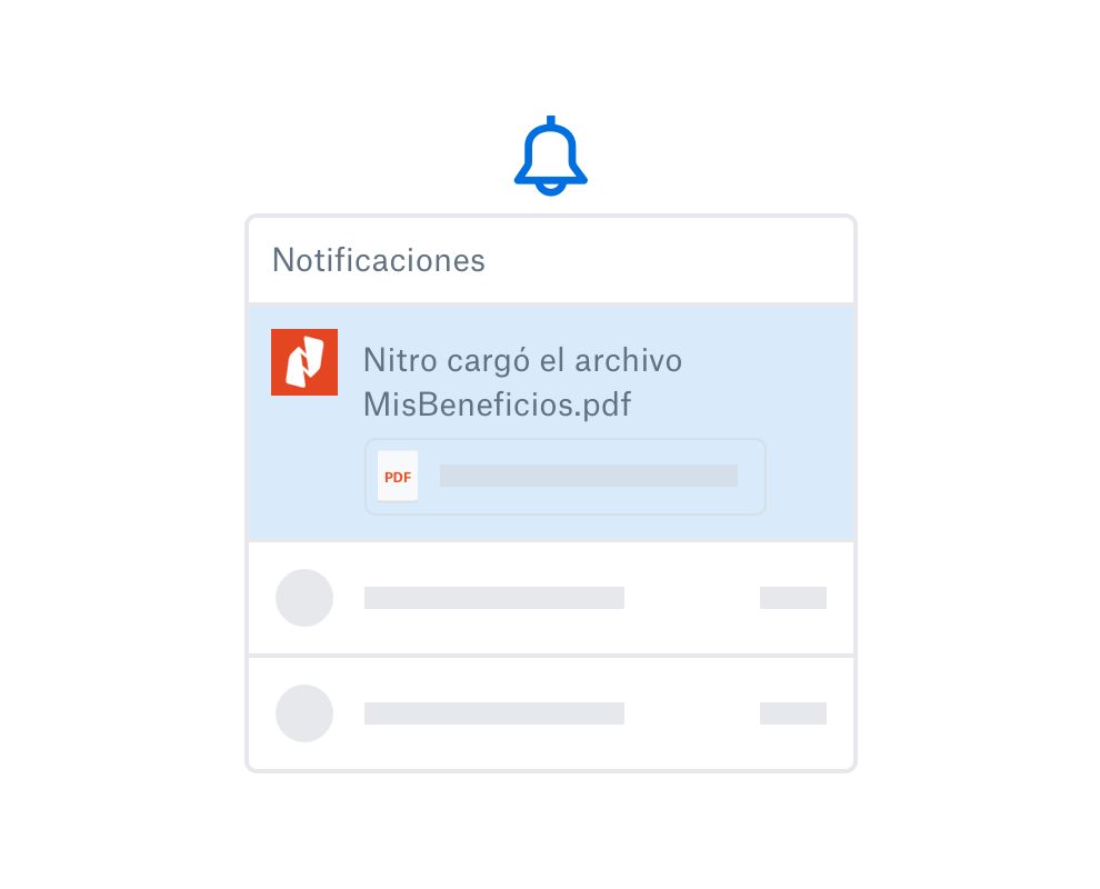 Un icono de campana con un cuadro de notificación que muestra un archivo .pdf adjunto y un mensaje que le informa al usuario que “Nitro ha subido el archivo MyBenefits.pdf”