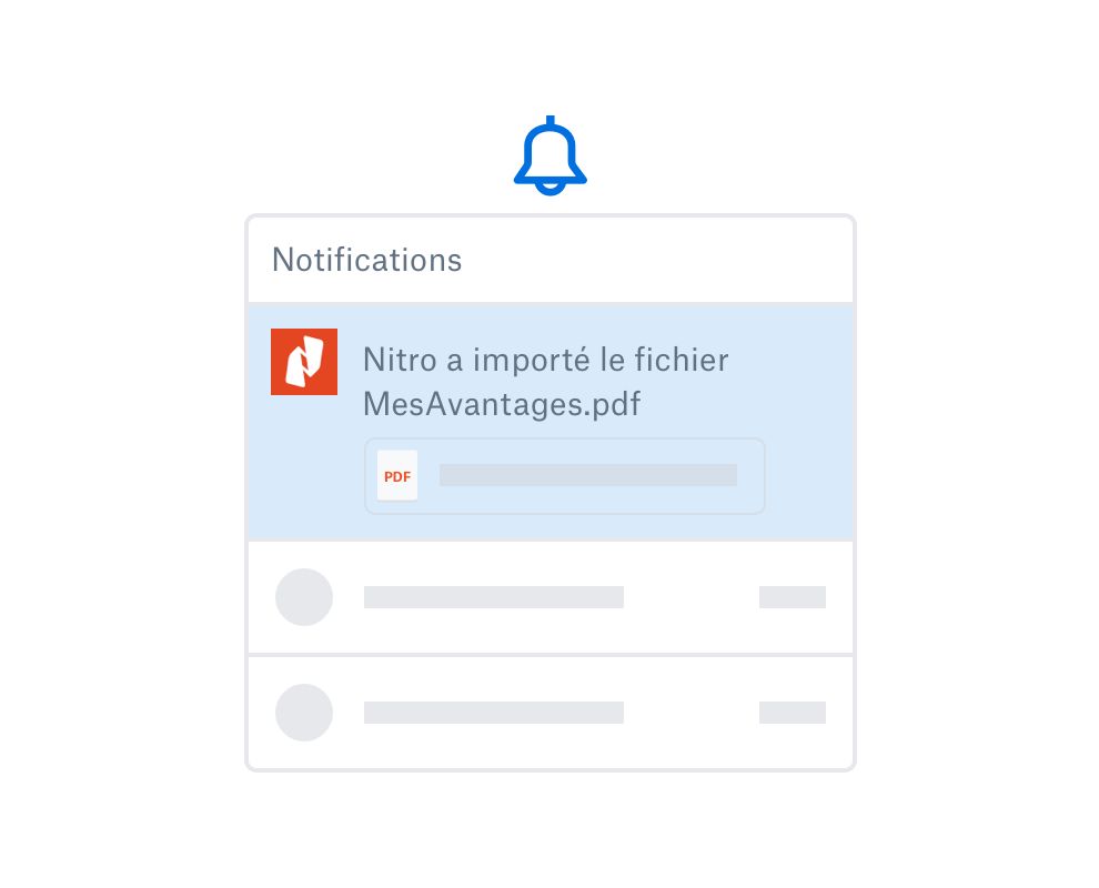Icône représentant une cloche, avec une zone de notification affichant une pièce jointe au format PDF et un message informant l'utilisateur que “Nitro a importé le fichier MesAvantages.pdf”