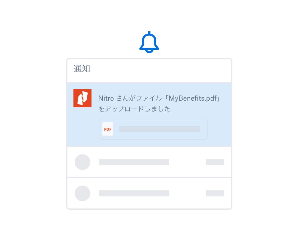 ベルのアイコンと、.pdf ファイルが添付されていることを示す通知ボックス、Nitro が MyBenefits.pdf というファイルをアップロードしたことを知らせるメッセージ