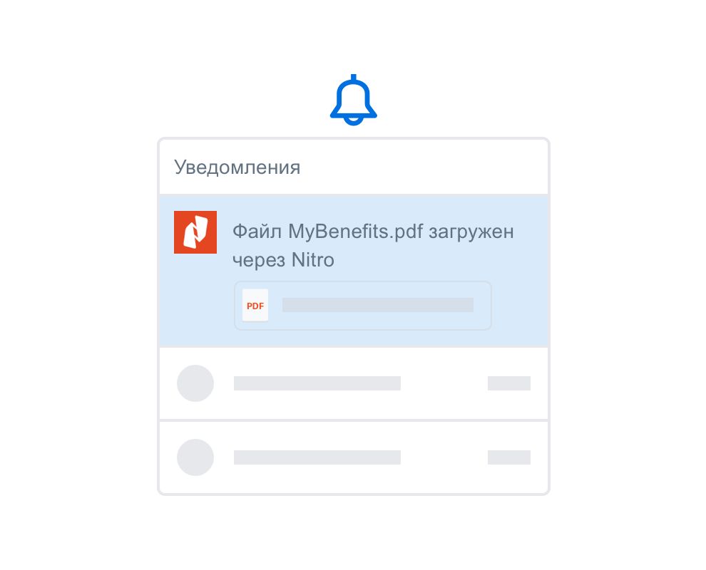 Значок колокольчика с окном уведомления, показывающим прикрепленный файл PDF и уведомление о том, что «Nitro загрузил файл MyBenefits.pdf».