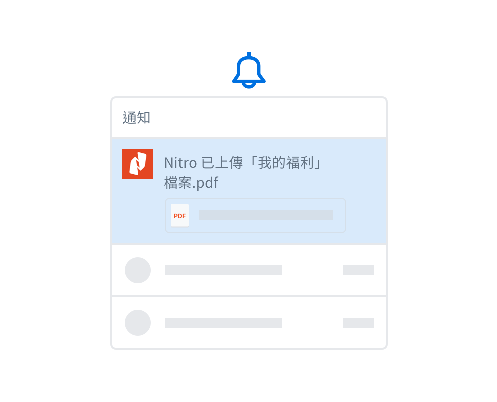 具有通知框的鈴鐺圖示，顯示附加的 .pdf檔案和訊息，讓使用者知道「Nitro 已經上傳了 MyBenefits.pdf 這份檔案」
