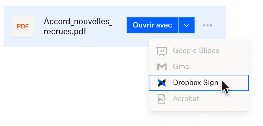 Utilisateur ouvrant un fichier PDF pour un nouvel employé dans Dropbox et sélectionnant Dropbox Sign dans une liste