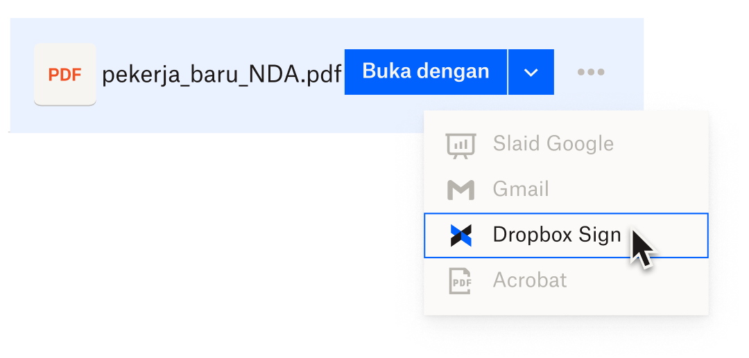 Pengguna membuka PDF pengambilan pekerja baharu dalam Dropbox dan memilih Dropbox Sign daripada senarai