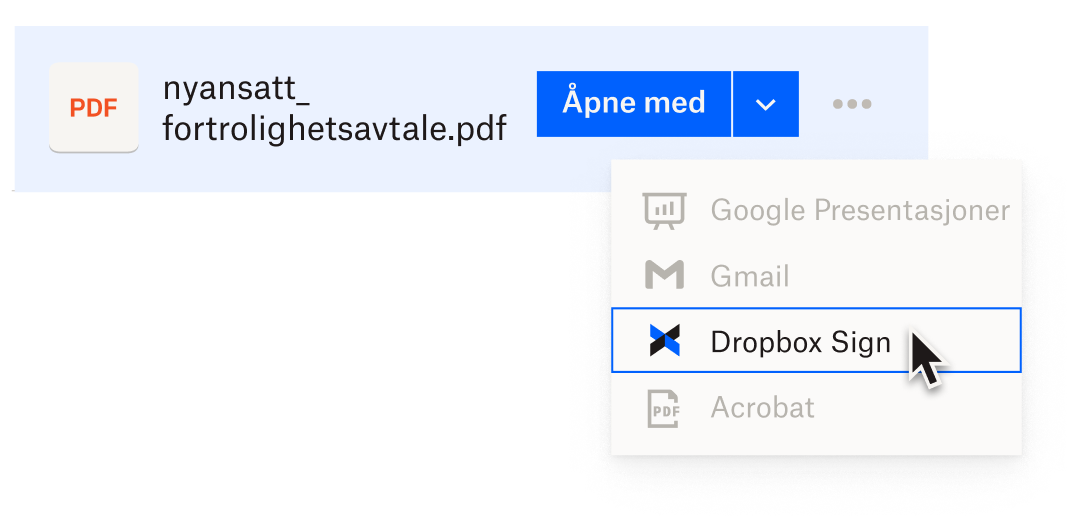 En bruker åpner en PDF for nyansettelser i Dropbox og velger Dropbox Sign fra en liste