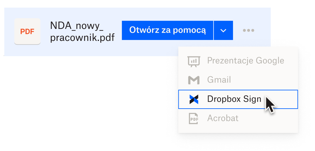 Użytkownik otwierający w Dropbox plik PDF dotyczący zatrudnienia nowej osoby i wybierający z listy Dropbox Sign
