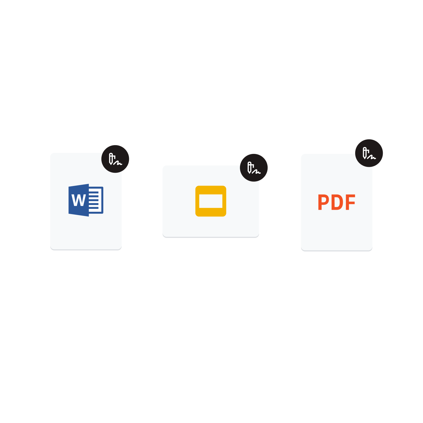 Et Microsoft Word-ikon, et Google Slides-ikon og et PDF-ikon