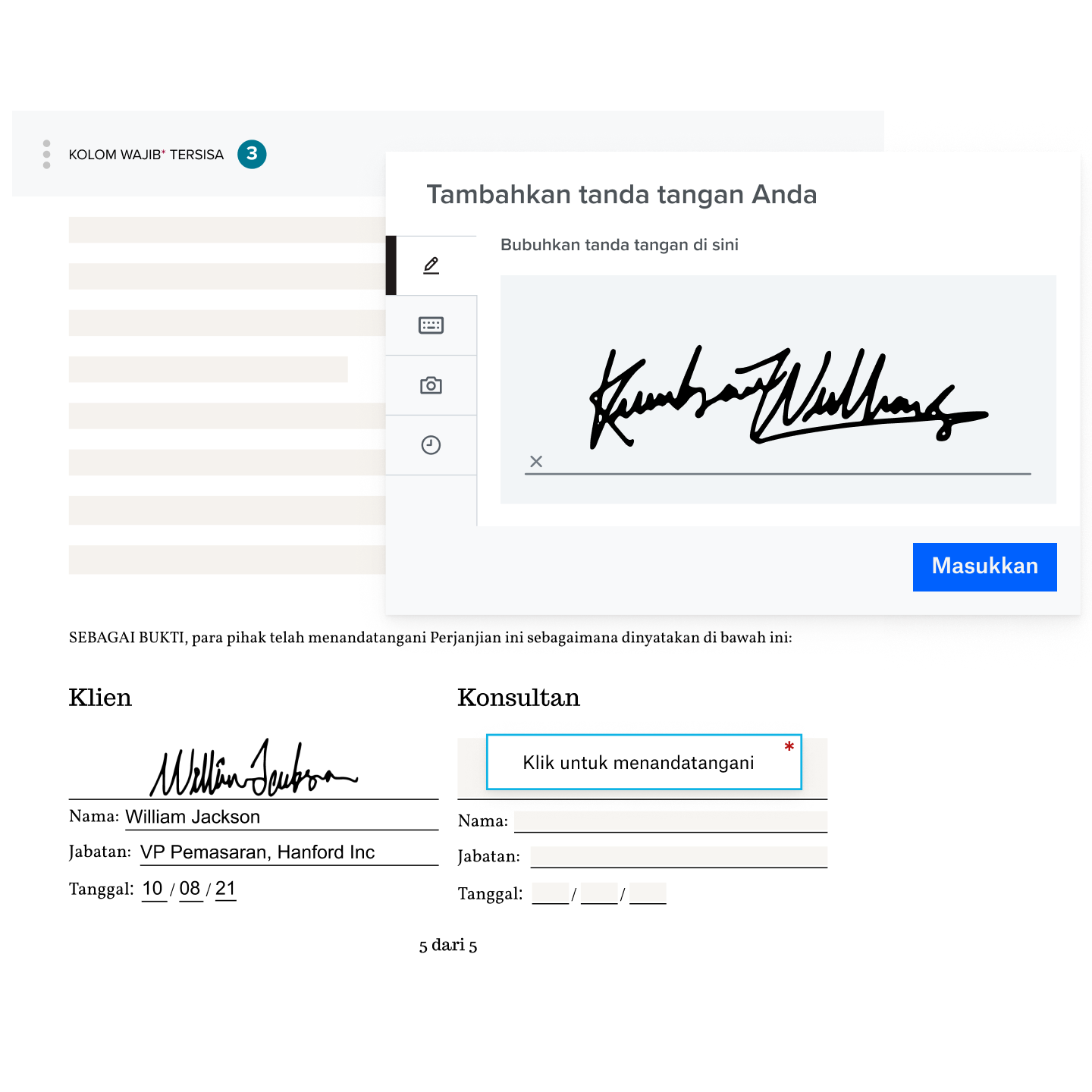 Pengalaman penandatangan yang menggunakan HelloSign menunjukkan dokumen dengan bidang tanda tangan yang siap untuk diselesaikan dan modal dengan tanda tangan sedang dibuat.