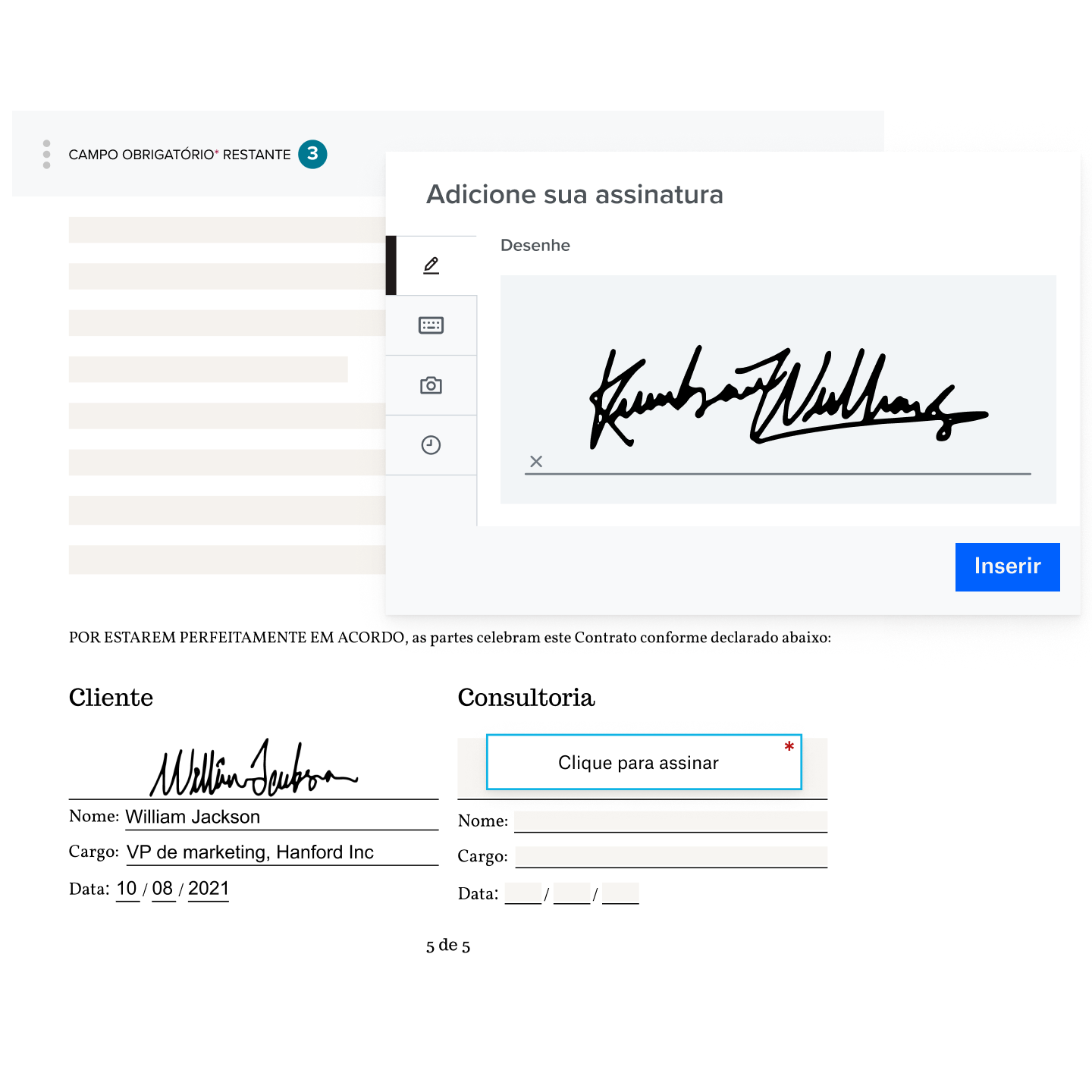 A experiência do signatário do HelloSign mostrando um documento com os campos de assinatura prontos para envio e um campo para criação de assinatura.