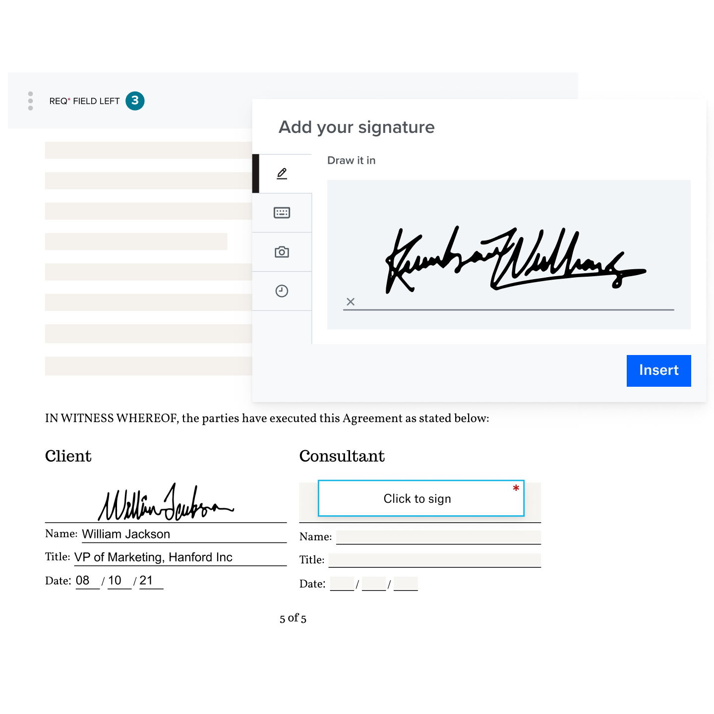 A handwritten digital signature being added to a contract