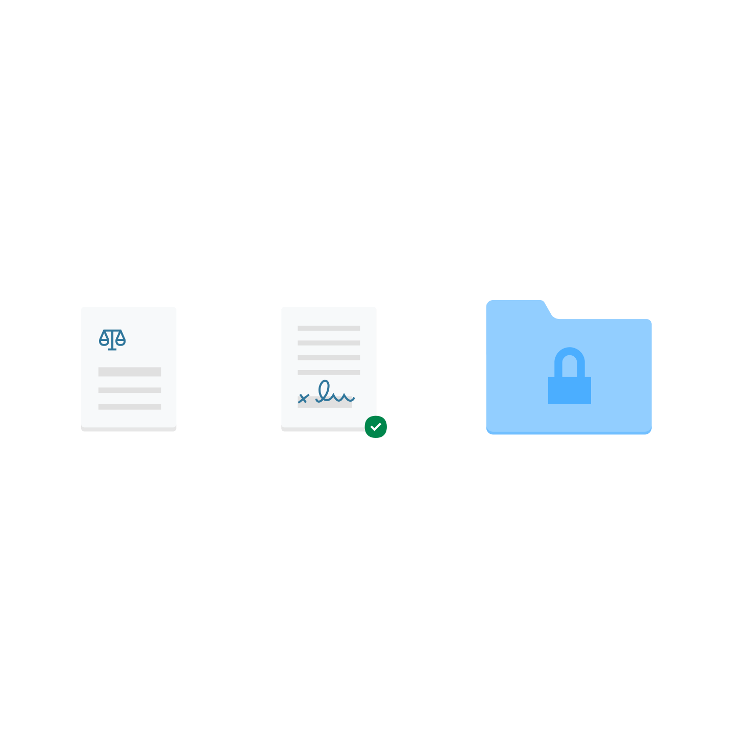 Dos iconos de documentos y un icono de carpeta de archivos azul con un candado