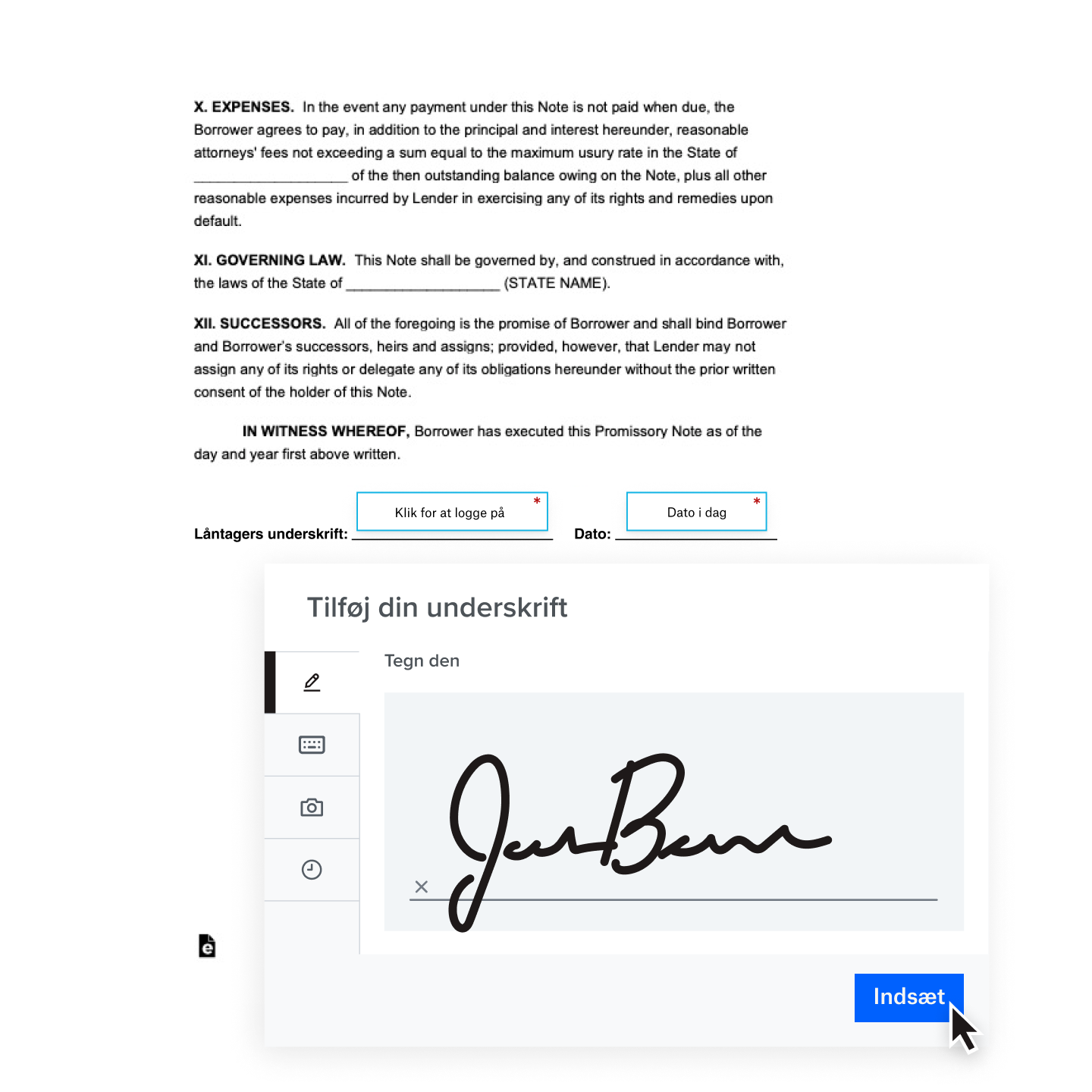 En håndskrevet digital underskrift føjes til en kontrakt
