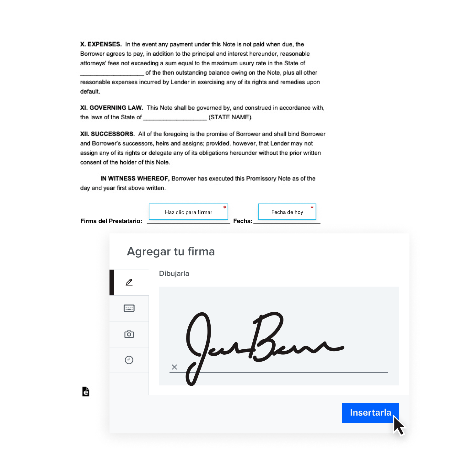 Una firma digital manuscrita que se agrega a un contrato