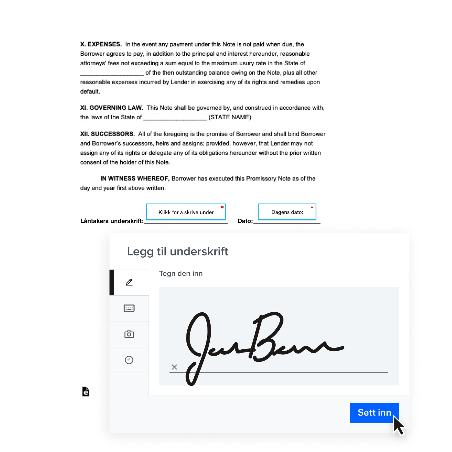 En håndskreven digital underskrift blir lagt til i en kontrakt