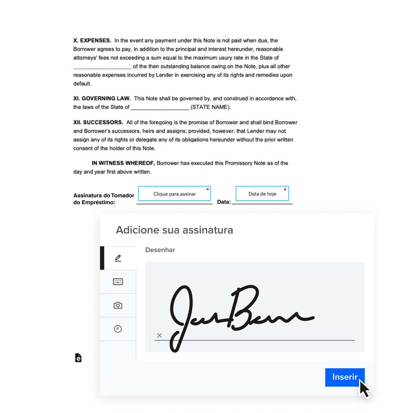 Uma assinatura digital manuscrita sendo adicionada a um contrato
