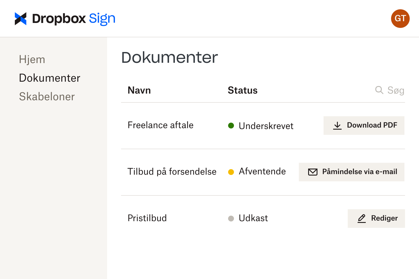 Dokumenter i Dropbox Sign-grænsefladen på forskellige stadier af gennemgang