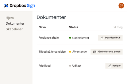 Dokumenter i Dropbox Sign-grænsefladen på forskellige stadier af gennemgang