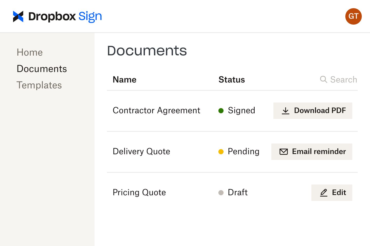 Documents in Dropbox Sign interface at various stages of review