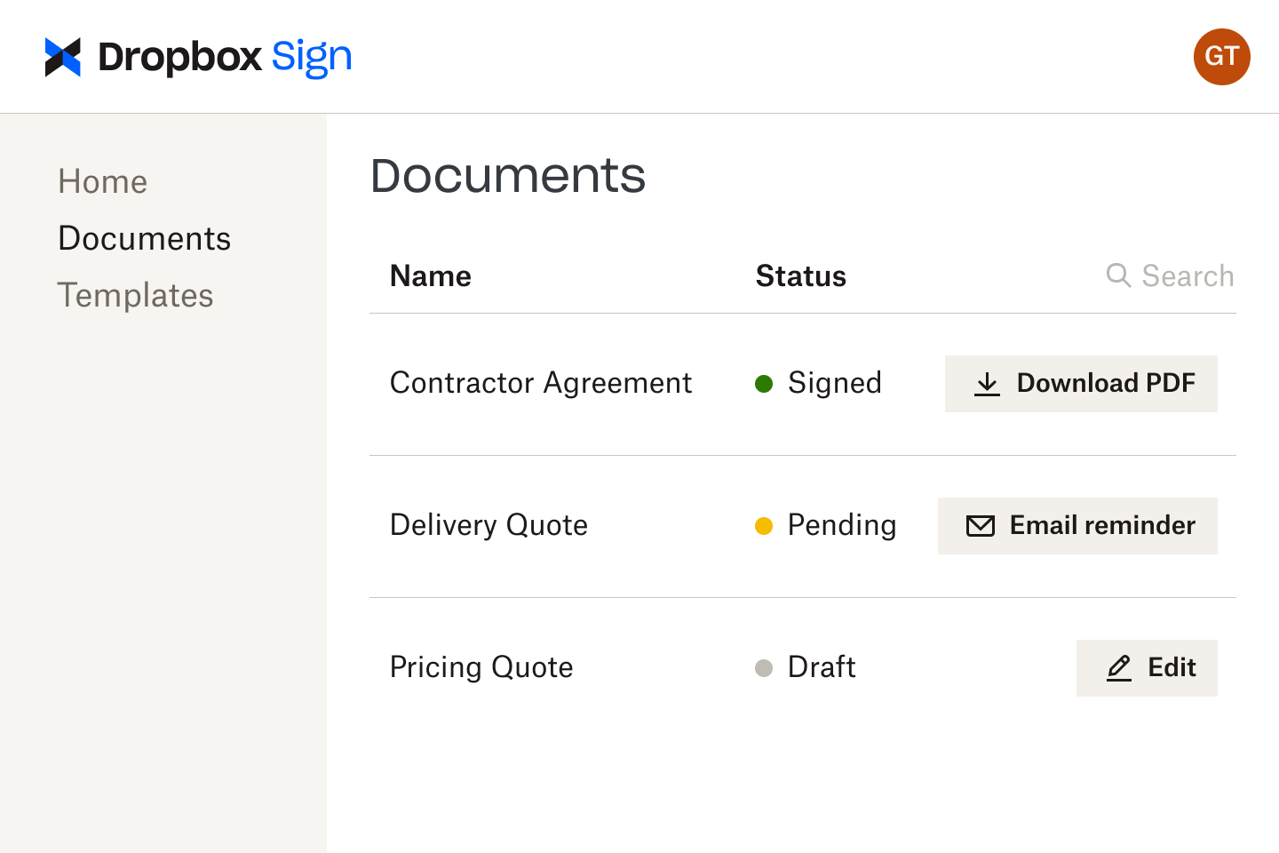Documents in Dropbox Sign interface at various stages of review