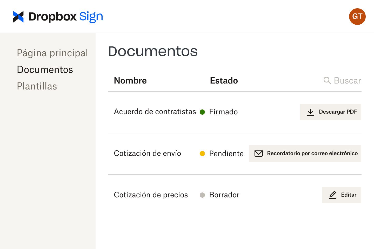 Documentos en la interfaz de Dropbox Sign en varias etapas de revisión