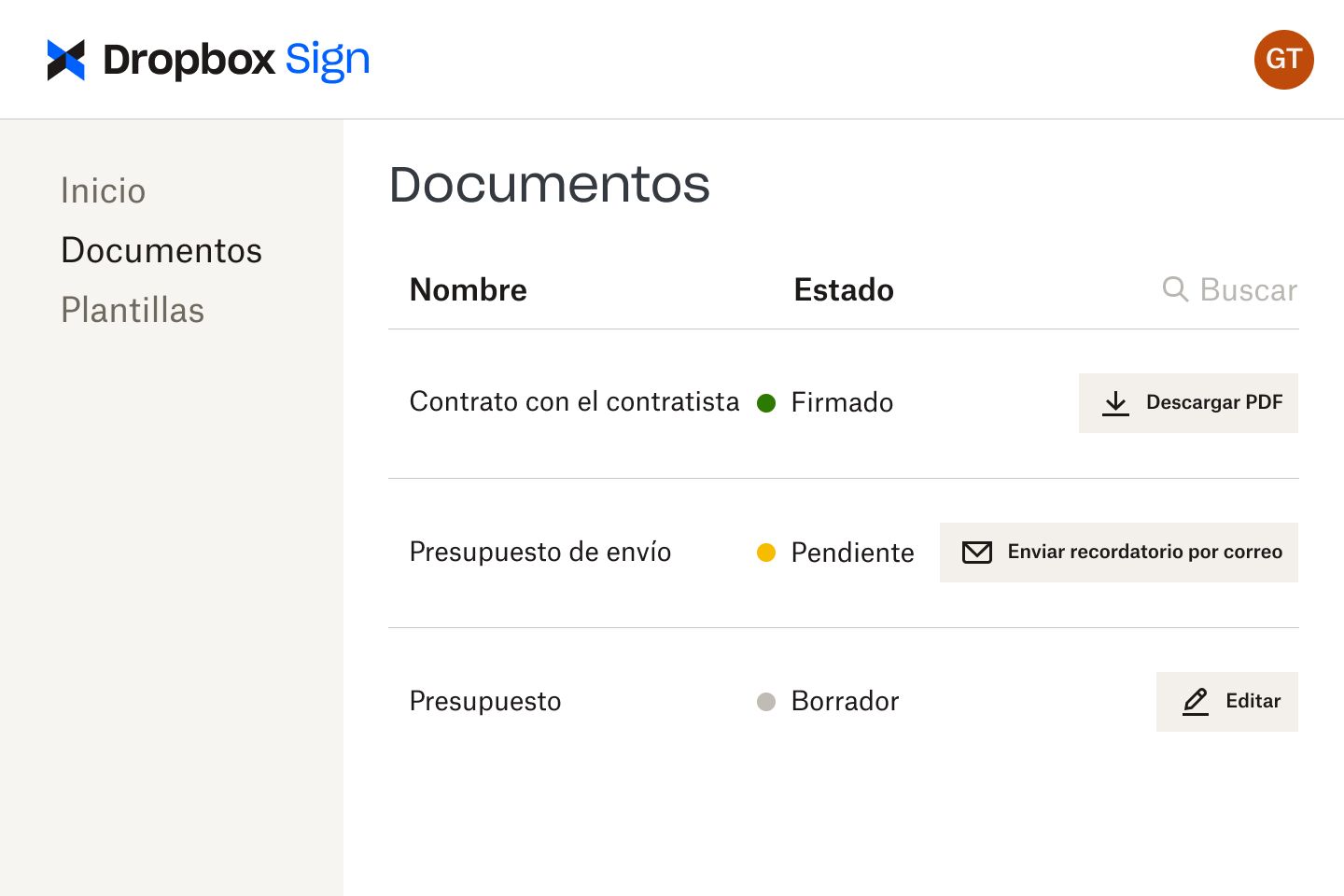 Documentos en la interfaz de Dropbox Sign en varias etapas de revisión