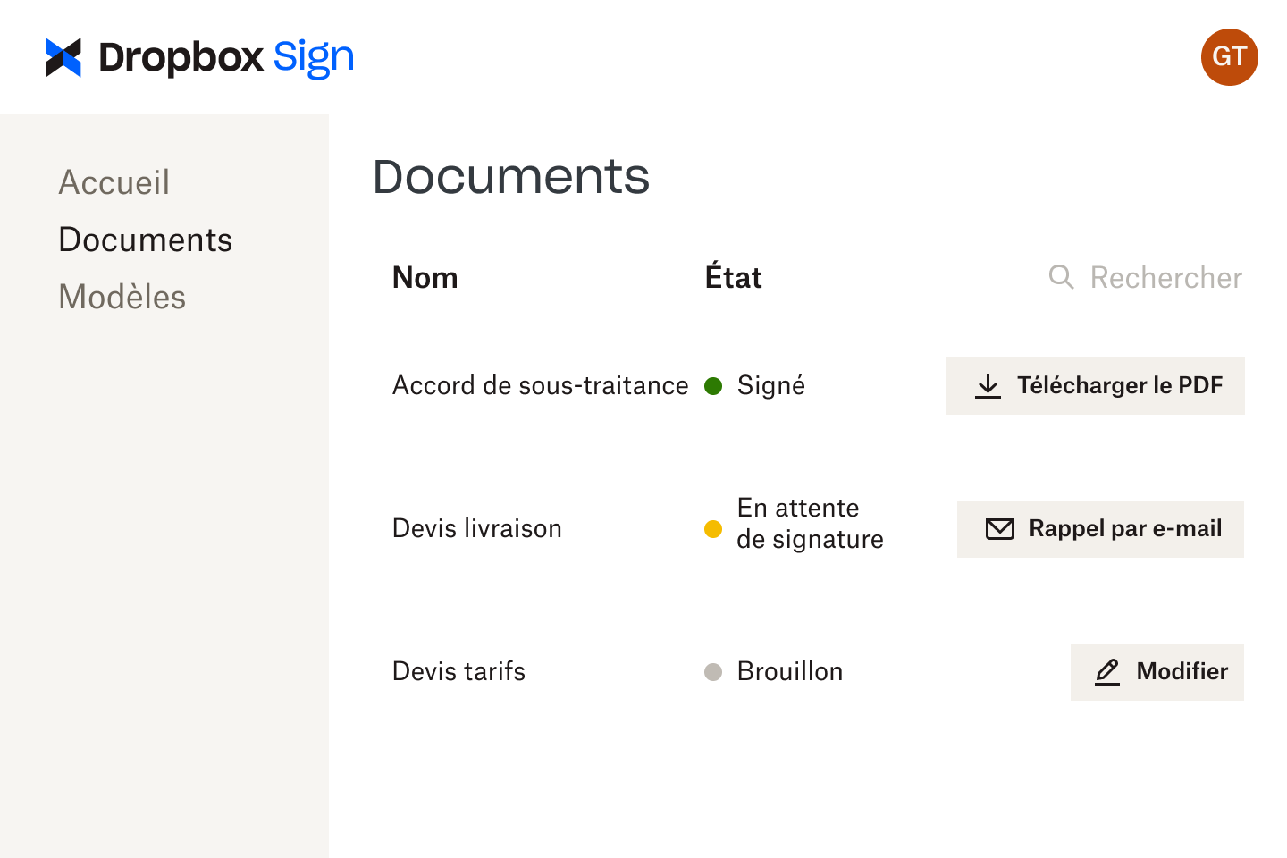 Documents à différentes étapes de la révision dans l'interface Dropbox Sign