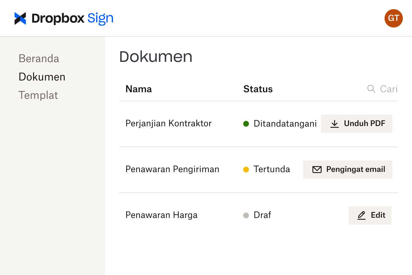 Dokumen di antarmuka Dropbox Sign di berbagai tahap peninjauan