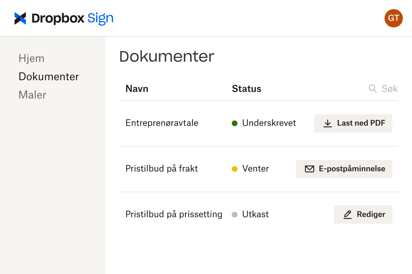 Dokumenter i Dropbox Sign-grensesnittet ved ulike gjennomgangsstadier