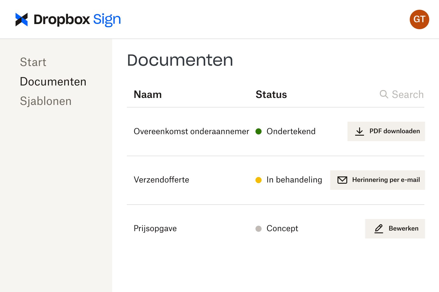 Documenten in de Dropbox Sign-interface tijdens verschillende fases van de beoordeling
