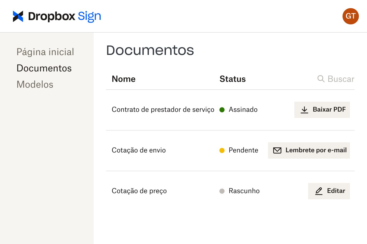 Documentos na interface do Dropbox Sign em vários estágios de revisão