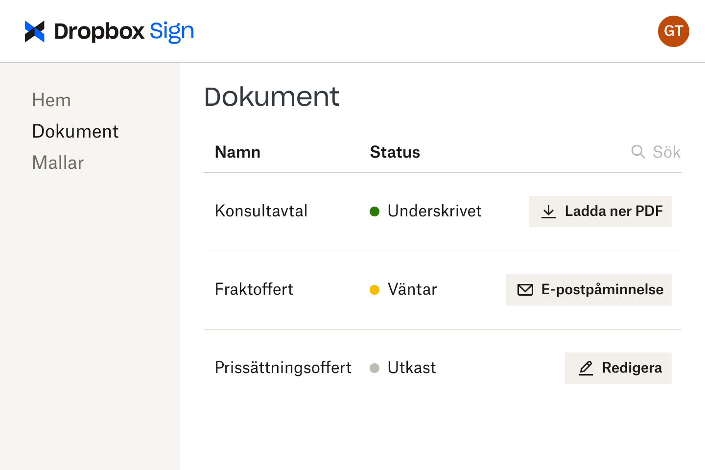 Dokument i Dropbox Sign-gränssnittet i olika granskningsstadier