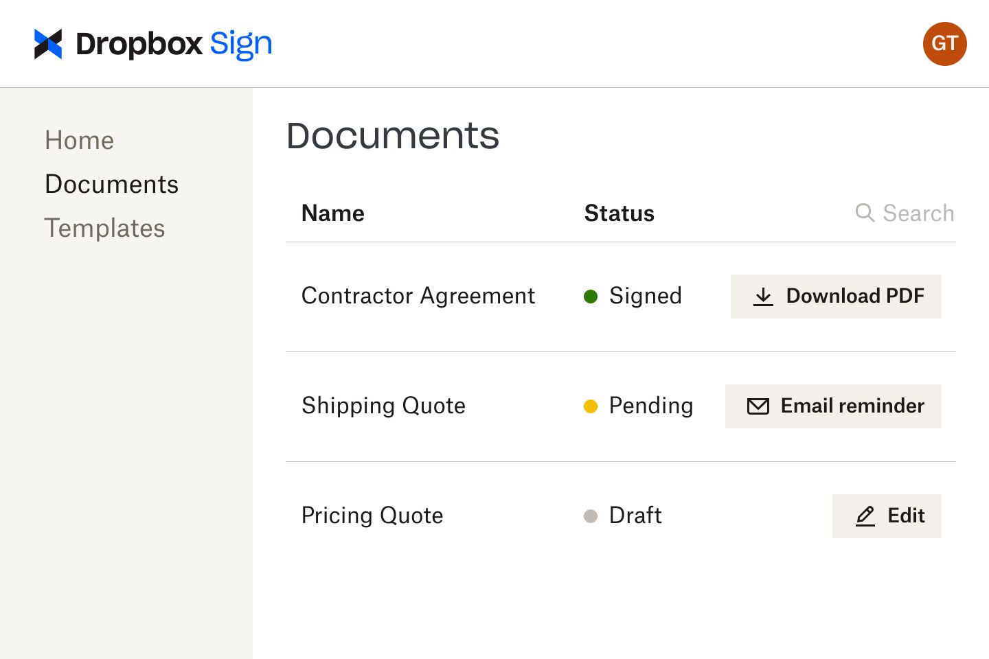 Documents in Dropbox Sign interface at various stages of review