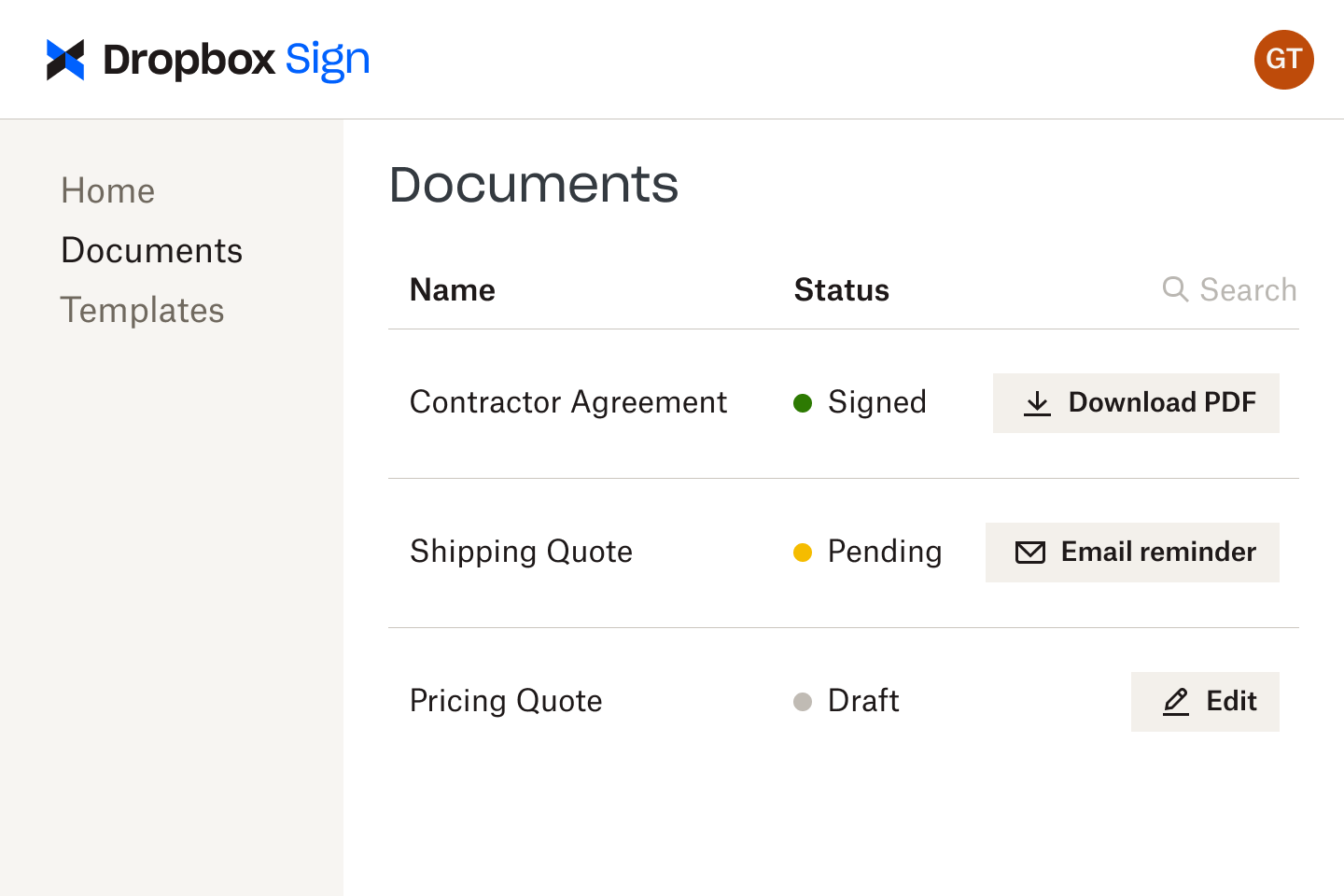 Documents in Dropbox Sign interface at various stages of review