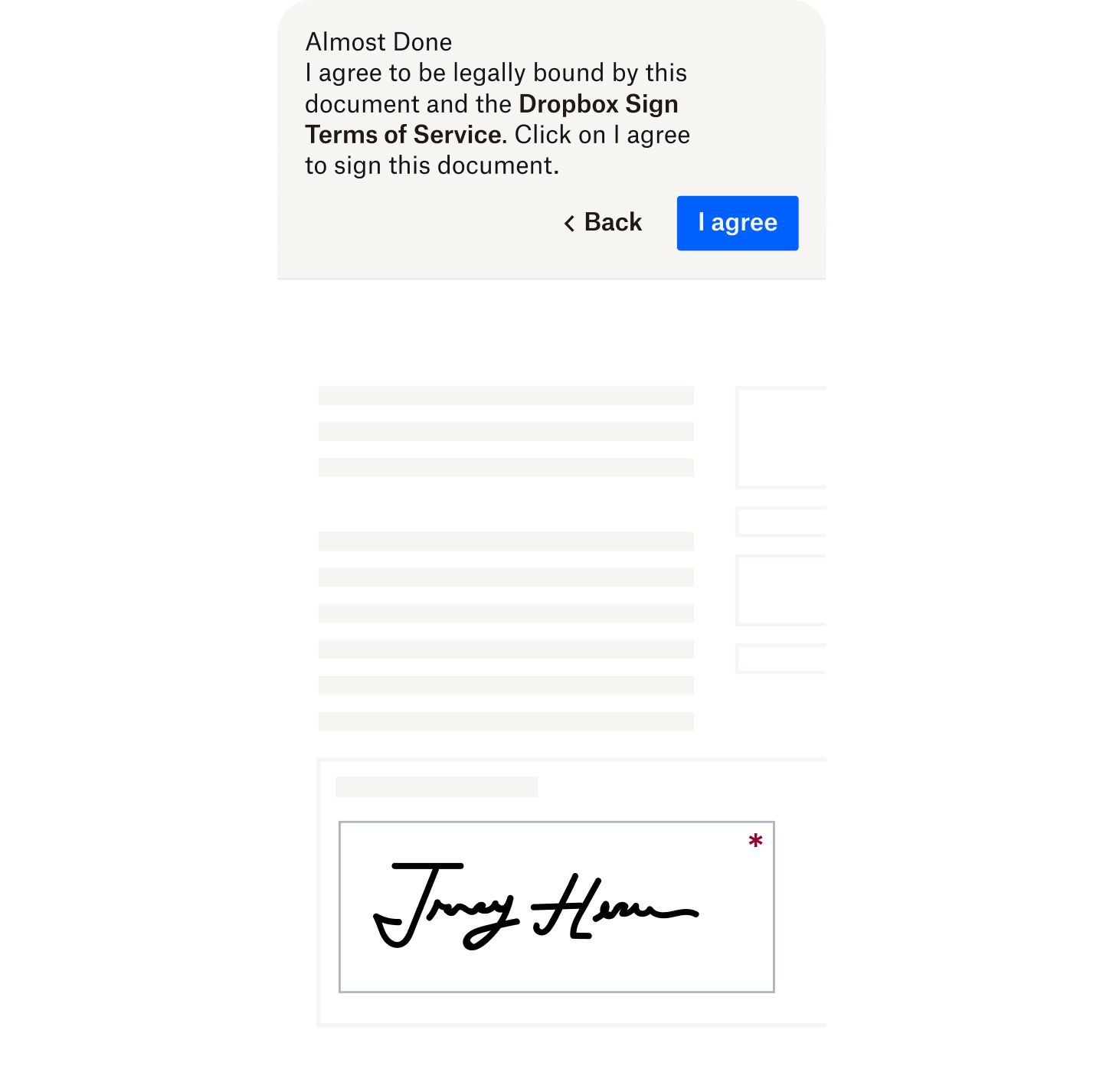 Completed form with a prompt showing that the signature is legally binding